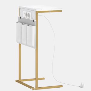 HOMCOM Mesa Auxiliar com Estação de Carga Mesa Lateral com 2 Entradas USB 1 Entrada USB-C e Bolsa Organizadora Mesa Auxiliar para Sala de Estar Dormitório 25,5x40x71 cm Branco