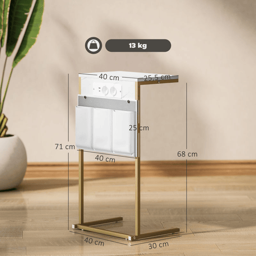 HOMCOM Mesa Auxiliar com Estação de Carga Mesa Lateral com 2 Entradas USB 1 Entrada USB-C e Bolsa Organizadora Mesa Auxiliar para Sala de Estar Dormitório 25,5x40x71 cm Branco