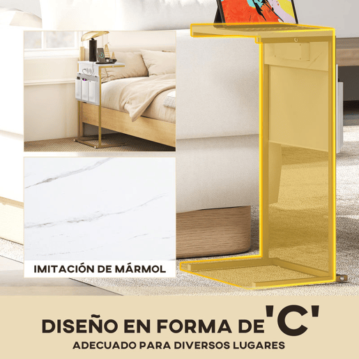 HOMCOM Mesa Auxiliar com Estação de Carga Mesa Lateral com 2 Entradas USB 1 Entrada USB-C e Bolsa Organizadora Mesa Auxiliar para Sala de Estar Dormitório 25,5x40x71 cm Branco