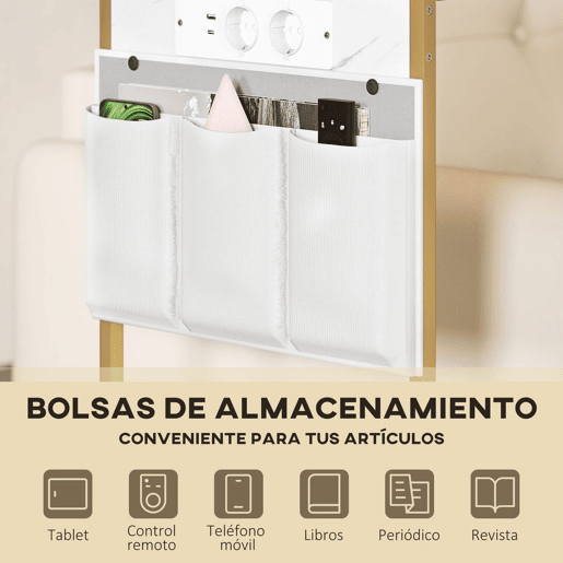 HOMCOM Mesa Auxiliar com Estação de Carga Mesa Lateral com 2 Entradas USB 1 Entrada USB-C e Bolsa Organizadora Mesa Auxiliar para Sala de Estar Dormitório 25,5x40x71 cm Branco
