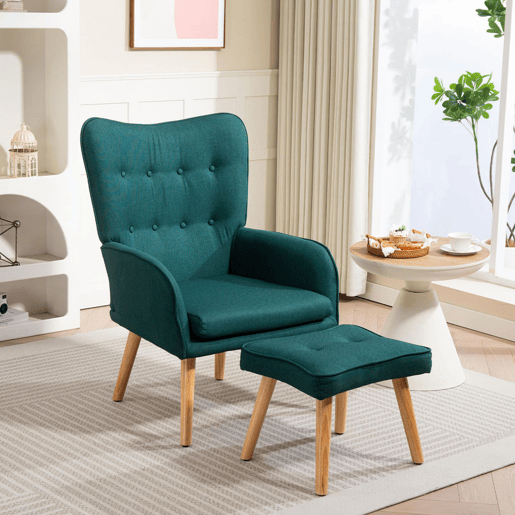 HOMCOM Poltrona com Apoio para Pés Poltrona de Leitura com Encosto Alto Capitonê Pés de Madeira e Revestimento em Linho Cadeira para Sala Quarto Escritório 70x72x94 cm Verde Escuro