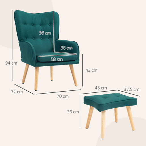 HOMCOM Poltrona com Apoio para Pés Poltrona de Leitura com Encosto Alto Capitonê Pés de Madeira e Revestimento em Linho Cadeira para Sala Quarto Escritório 70x72x94 cm Verde Escuro