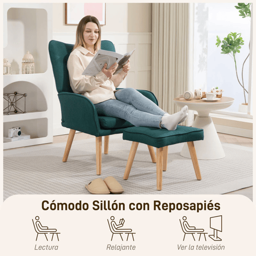 HOMCOM Poltrona com Apoio para Pés Poltrona de Leitura com Encosto Alto Capitonê Pés de Madeira e Revestimento em Linho Cadeira para Sala Quarto Escritório 70x72x94 cm Verde Escuro