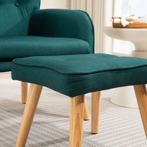 HOMCOM Poltrona com Apoio para Pés Poltrona de Leitura com Encosto Alto Capitonê Pés de Madeira e Revestimento em Linho Cadeira para Sala Quarto Escritório 70x72x94 cm Verde Escuro