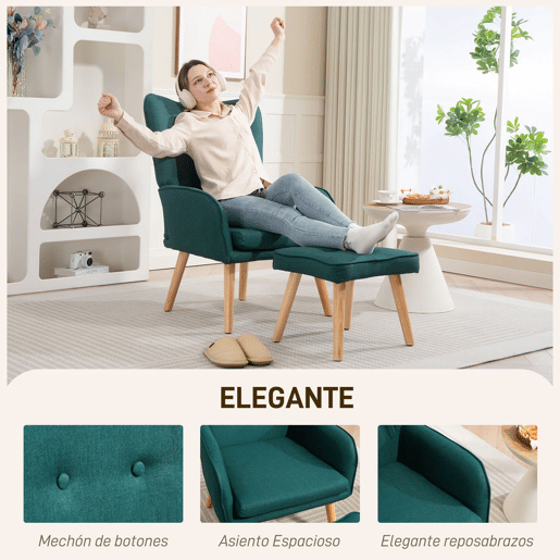 HOMCOM Poltrona com Apoio para Pés Poltrona de Leitura com Encosto Alto Capitonê Pés de Madeira e Revestimento em Linho Cadeira para Sala Quarto Escritório 70x72x94 cm Verde Escuro