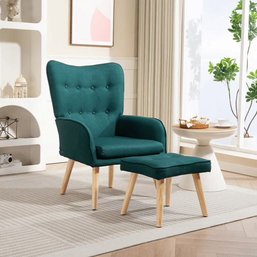 HOMCOM Poltrona com Apoio para Pés Poltrona de Leitura com Encosto Alto Capitonê Pés de Madeira e Revestimento em Linho Cadeira para Sala Quarto Escritório 70x72x94 cm Verde Escuro