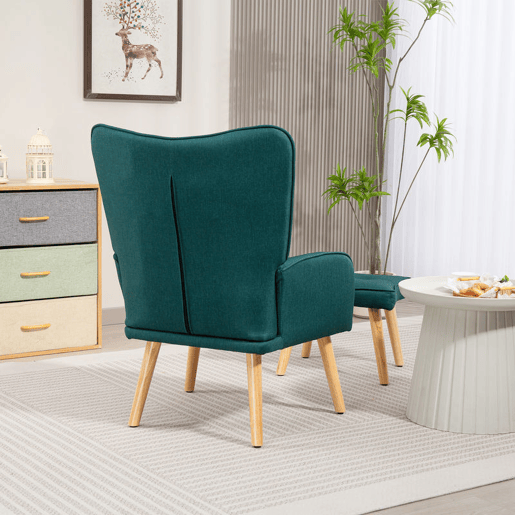 HOMCOM Poltrona com Apoio para Pés Poltrona de Leitura com Encosto Alto Capitonê Pés de Madeira e Revestimento em Linho Cadeira para Sala Quarto Escritório 70x72x94 cm Verde Escuro
