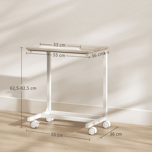 HOMCOM Mesa Auxiliar com Rodas Mesa para Sofá com Altura Ajustável Superfície Inclinável e Estrutura de Metal para Quarto Sala e Escritório 55x36x62,5-82,5 cm Madeira