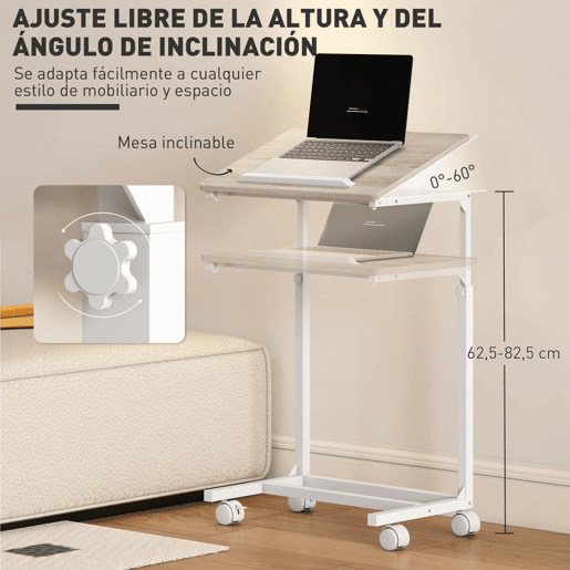 HOMCOM Mesa Auxiliar com Rodas Mesa para Sofá com Altura Ajustável Superfície Inclinável e Estrutura de Metal para Quarto Sala e Escritório 55x36x62,5-82,5 cm Madeira