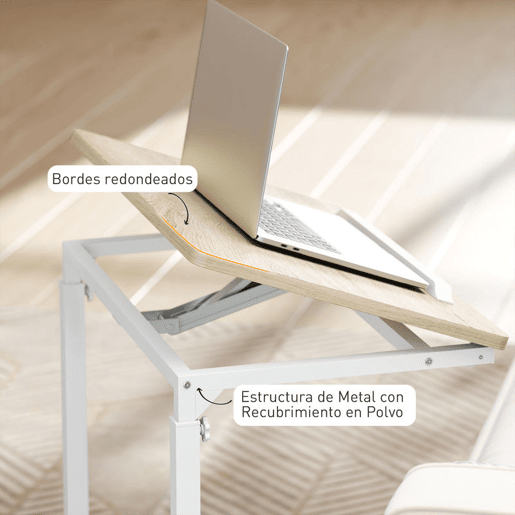 HOMCOM Mesa Auxiliar com Rodas Mesa para Sofá com Altura Ajustável Superfície Inclinável e Estrutura de Metal para Quarto Sala e Escritório 55x36x62,5-82,5 cm Madeira
