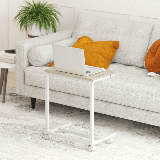 HOMCOM Mesa Auxiliar com Rodas Mesa para Sofá com Altura Ajustável Superfície Inclinável e Estrutura de Metal para Quarto Sala e Escritório 55x36x62,5-82,5 cm Madeira