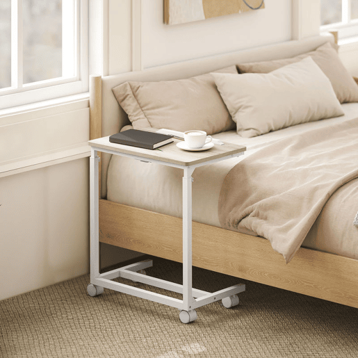 HOMCOM Mesa Auxiliar com Rodas Mesa para Sofá com Altura Ajustável Superfície Inclinável e Estrutura de Metal para Quarto Sala e Escritório 55x36x62,5-82,5 cm Madeira