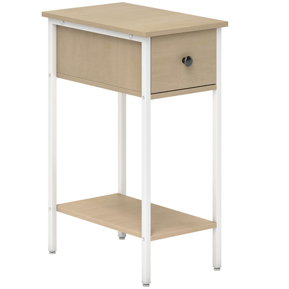Homcom mesa auxiliar estrecha mesita auxiliar industrial con cajón estante abierto y estructura metálica para salón dormitorio 25x39,8x58,2 cm natural