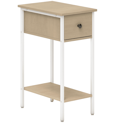 HOMCOM Mesa Auxiliar Estreita Mesa Auxiliar Industrial com Gaveta Prateleira Aberta e Estrutura Metálica para Sala de Estar Dormitório 25x39,8x58,2 cm Madeira