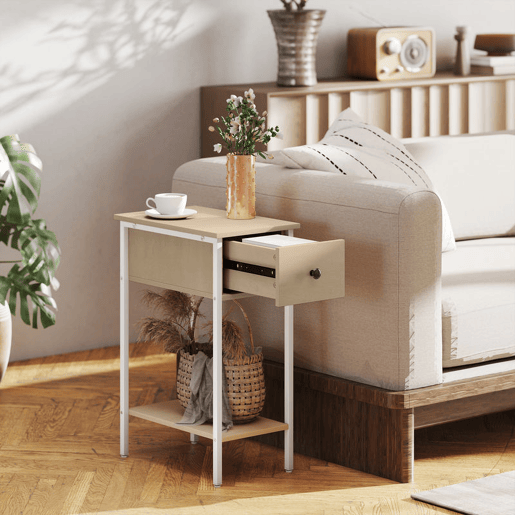HOMCOM Mesa Auxiliar Estreita Mesa Auxiliar Industrial com Gaveta Prateleira Aberta e Estrutura Metálica para Sala de Estar Dormitório 25x39,8x58,2 cm Madeira