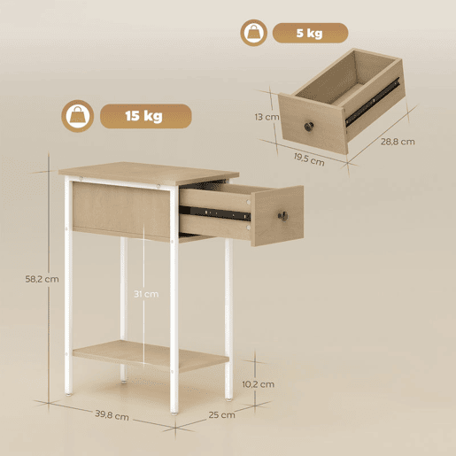 HOMCOM Mesa Auxiliar Estreita Mesa Auxiliar Industrial com Gaveta Prateleira Aberta e Estrutura Metálica para Sala de Estar Dormitório 25x39,8x58,2 cm Madeira