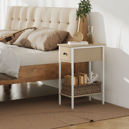 HOMCOM Mesa Auxiliar Estreita Mesa Auxiliar Industrial com Gaveta Prateleira Aberta e Estrutura Metálica para Sala de Estar Dormitório 25x39,8x58,2 cm Madeira