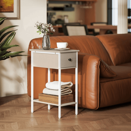 HOMCOM Mesa Auxiliar Estreita Mesa Auxiliar Industrial com Gaveta Prateleira Aberta e Estrutura Metálica para Sala de Estar Dormitório 25x39,8x58,2 cm Madeira