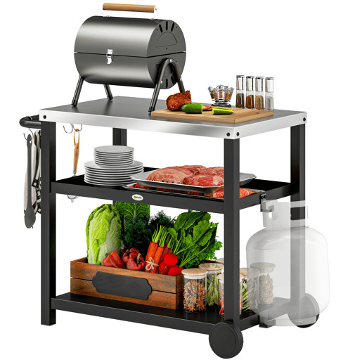 Outsunny Carrinho de Barbecue de 3 Níveis Carrinho de Serviço com 2 Rodas Prateleiras Bancada em Aço Inoxidável e Alça Mesa para Forno de Pizza para Jardim e Pátio 102x50x81 cm Cinza Carvão