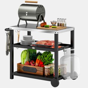 Outsunny Carrinho de Barbecue de 3 Níveis Carrinho de Serviço com 2 Rodas Prateleiras Bancada em Aço Inoxidável e Alça Mesa para Forno de Pizza para Jardim e Pátio 102x50x81 cm Cinza Carvão