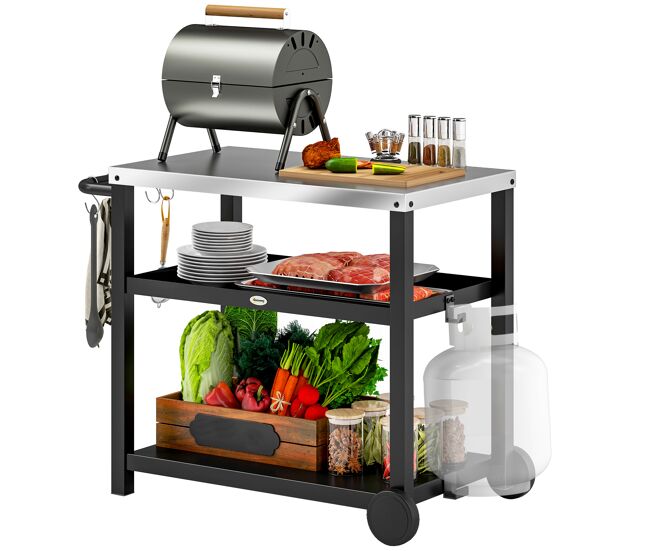 Outsunny carrito de parrilla de 3 niveles carrito de barbacoa carro de servicio con 2 ruedas estantes encimera de acero inoxidable y asa mesa de horno de pizza para jardín patio gris carbón