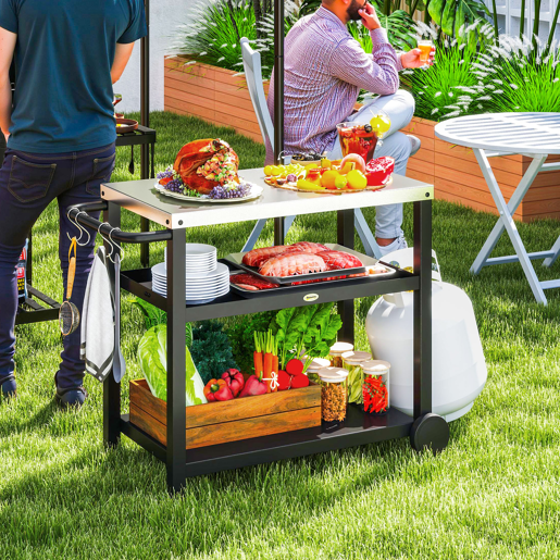 Outsunny Carrinho de Barbecue de 3 Níveis Carrinho de Serviço com 2 Rodas Prateleiras Bancada em Aço Inoxidável e Alça Mesa para Forno de Pizza para Jardim e Pátio 102x50x81 cm Cinza Carvão