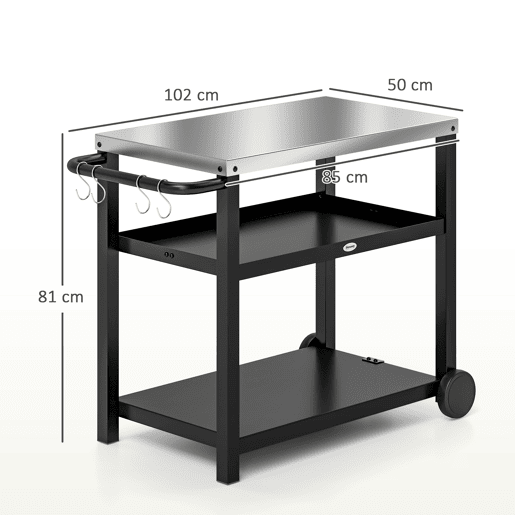 Outsunny Carrinho de Barbecue de 3 Níveis Carrinho de Serviço com 2 Rodas Prateleiras Bancada em Aço Inoxidável e Alça Mesa para Forno de Pizza para Jardim e Pátio 102x50x81 cm Cinza Carvão
