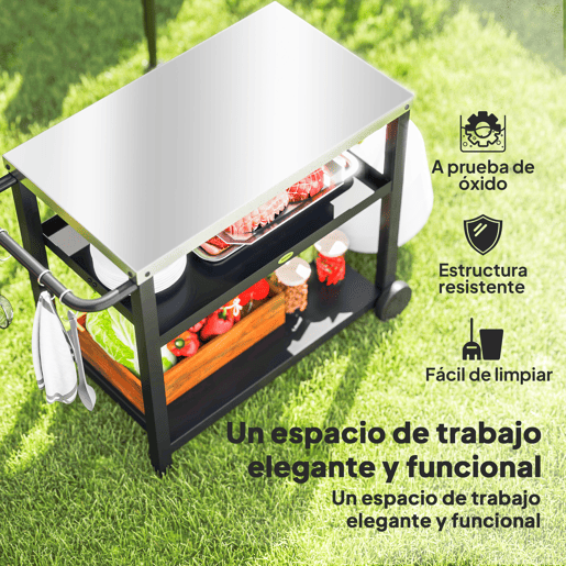 Outsunny Carrinho de Barbecue de 3 Níveis Carrinho de Serviço com 2 Rodas Prateleiras Bancada em Aço Inoxidável e Alça Mesa para Forno de Pizza para Jardim e Pátio 102x50x81 cm Cinza Carvão