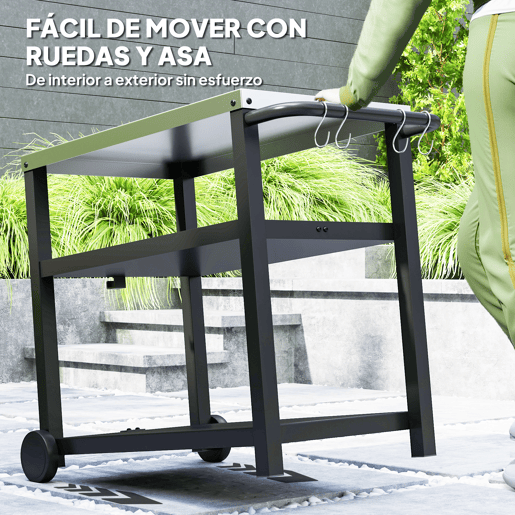Outsunny Carrinho de Barbecue de 3 Níveis Carrinho de Serviço com 2 Rodas Prateleiras Bancada em Aço Inoxidável e Alça Mesa para Forno de Pizza para Jardim e Pátio 102x50x81 cm Cinza Carvão