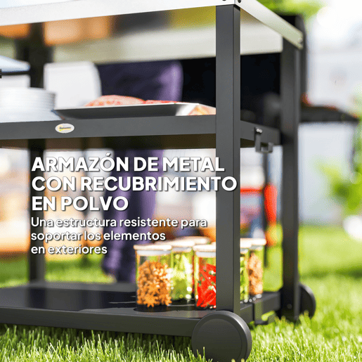 Outsunny Carrinho de Barbecue de 3 Níveis Carrinho de Serviço com 2 Rodas Prateleiras Bancada em Aço Inoxidável e Alça Mesa para Forno de Pizza para Jardim e Pátio 102x50x81 cm Cinza Carvão