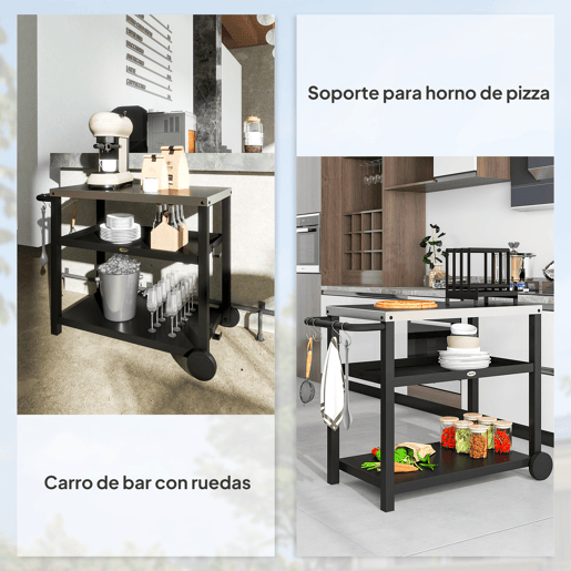 Outsunny Carrinho de Barbecue de 3 Níveis Carrinho de Serviço com 2 Rodas Prateleiras Bancada em Aço Inoxidável e Alça Mesa para Forno de Pizza para Jardim e Pátio 102x50x81 cm Cinza Carvão