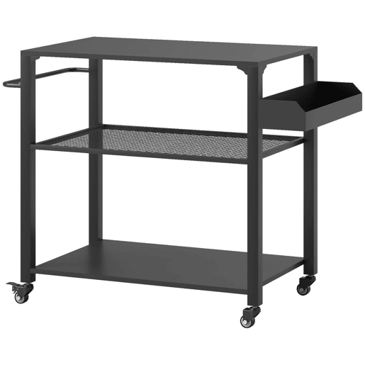 Outsunny Carrinho de Apoio para Barbecue de 3 Níveis Carrinho de Barbecue Carrinho de Serviço com 4 Rodas Prateleiras e Puxador Mesa de Apoio para Forno de Pizza para Jardim Pátio 105x50x79 cm Preto