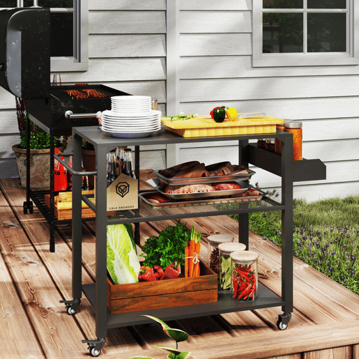 Outsunny Carrinho de Apoio para Barbecue de 3 Níveis Carrinho de Barbecue Carrinho de Serviço com 4 Rodas Prateleiras e Puxador Mesa de Apoio para Forno de Pizza para Jardim Pátio 105x50x79 cm Preto