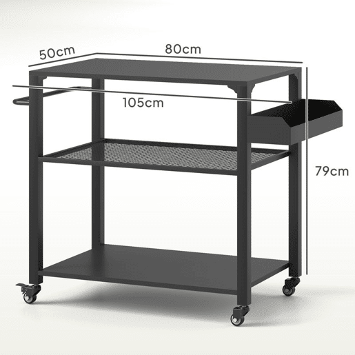 Outsunny Carrinho de Apoio para Barbecue de 3 Níveis Carrinho de Barbecue Carrinho de Serviço com 4 Rodas Prateleiras e Puxador Mesa de Apoio para Forno de Pizza para Jardim Pátio 105x50x79 cm Preto