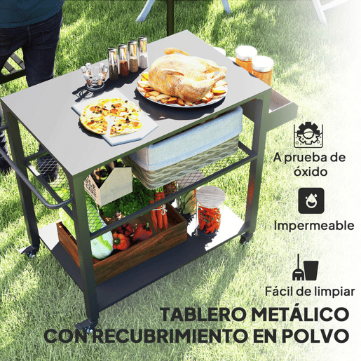 Outsunny Carrinho de Apoio para Barbecue de 3 Níveis Carrinho de Barbecue Carrinho de Serviço com 4 Rodas Prateleiras e Puxador Mesa de Apoio para Forno de Pizza para Jardim Pátio 105x50x79 cm Preto