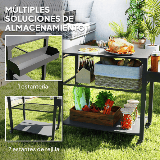 Outsunny Carrinho de Apoio para Barbecue de 3 Níveis Carrinho de Barbecue Carrinho de Serviço com 4 Rodas Prateleiras e Puxador Mesa de Apoio para Forno de Pizza para Jardim Pátio 105x50x79 cm Preto