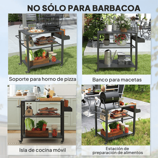 Outsunny Carrinho de Apoio para Barbecue de 3 Níveis Carrinho de Barbecue Carrinho de Serviço com 4 Rodas Prateleiras e Puxador Mesa de Apoio para Forno de Pizza para Jardim Pátio 105x50x79 cm Preto