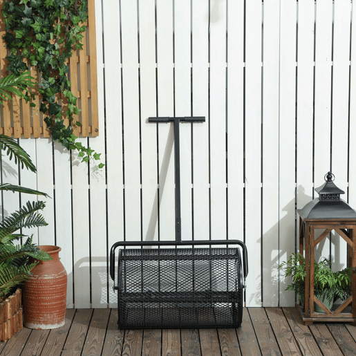 Outsunny Espalhador de Composto 300L 70x40x112 cm Espalhador de Adubo para Relvado com Guiador Ajustável Cesto de Rede Metálica para Cuidados de Relvado Jardim Preto