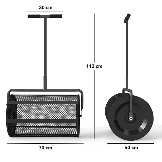 Outsunny Espalhador de Composto 300L 70x40x112 cm Espalhador de Adubo para Relvado com Guiador Ajustável Cesto de Rede Metálica para Cuidados de Relvado Jardim Preto