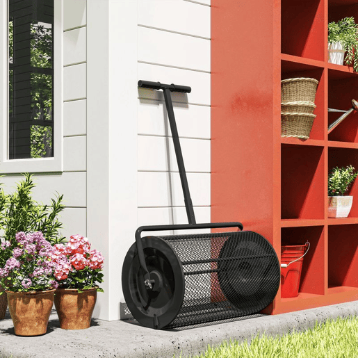 Outsunny Espalhador de Composto 300L 70x40x112 cm Espalhador de Adubo para Relvado com Guiador Ajustável Cesto de Rede Metálica para Cuidados de Relvado Jardim Preto
