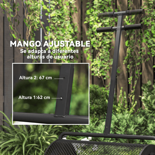 Outsunny Espalhador de Composto 300L 70x40x112 cm Espalhador de Adubo para Relvado com Guiador Ajustável Cesto de Rede Metálica para Cuidados de Relvado Jardim Preto