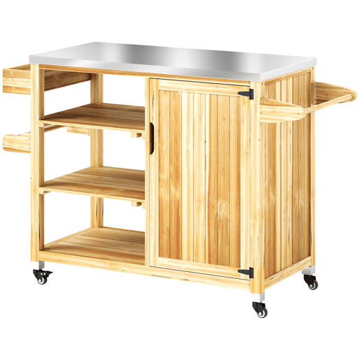 Outsunny Carrinho de Barbecue de Madeira Carrinho de Serviço com 4 Rodas Prateleiras Armário Bancada de Aço Inoxidável Toalheiro e Especieiro para Jardim Pátio 134,5x50x91,5 cm Madeira