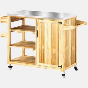 Outsunny Carrinho de Barbecue de Madeira Carrinho de Serviço com 4 Rodas Prateleiras Armário Bancada de Aço Inoxidável Toalheiro e Especieiro para Jardim Pátio 134,5x50x91,5 cm Madeira
