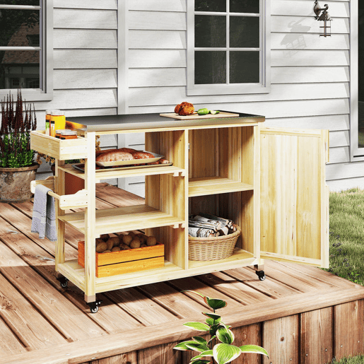Outsunny Carrinho de Barbecue de Madeira Carrinho de Serviço com 4 Rodas Prateleiras Armário Bancada de Aço Inoxidável Toalheiro e Especieiro para Jardim Pátio 134,5x50x91,5 cm Madeira