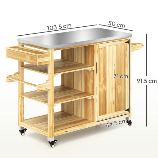 Outsunny Carrinho de Barbecue de Madeira Carrinho de Serviço com 4 Rodas Prateleiras Armário Bancada de Aço Inoxidável Toalheiro e Especieiro para Jardim Pátio 134,5x50x91,5 cm Madeira