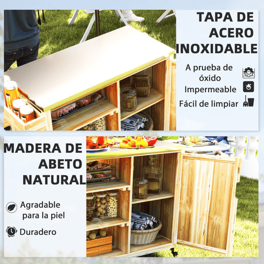 Outsunny Carrinho de Barbecue de Madeira Carrinho de Serviço com 4 Rodas Prateleiras Armário Bancada de Aço Inoxidável Toalheiro e Especieiro para Jardim Pátio 134,5x50x91,5 cm Madeira
