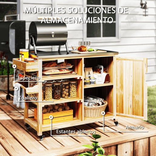 Outsunny Carrinho de Barbecue de Madeira Carrinho de Serviço com 4 Rodas Prateleiras Armário Bancada de Aço Inoxidável Toalheiro e Especieiro para Jardim Pátio 134,5x50x91,5 cm Madeira