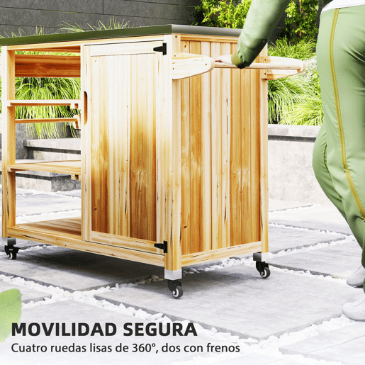 Outsunny Carrinho de Barbecue de Madeira Carrinho de Serviço com 4 Rodas Prateleiras Armário Bancada de Aço Inoxidável Toalheiro e Especieiro para Jardim Pátio 134,5x50x91,5 cm Madeira