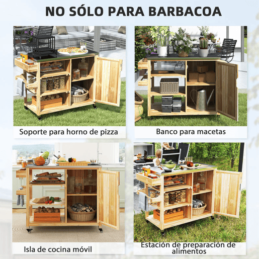Outsunny Carrinho de Barbecue de Madeira Carrinho de Serviço com 4 Rodas Prateleiras Armário Bancada de Aço Inoxidável Toalheiro e Especieiro para Jardim Pátio 134,5x50x91,5 cm Madeira