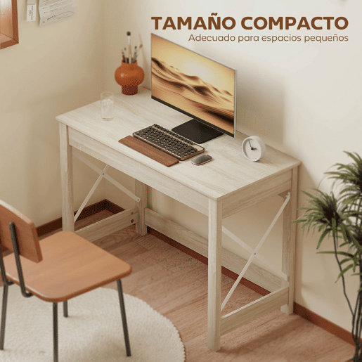 HOMCOM Secretária Moderna Mesa de Estudo com Estrutura de Aço Mesa de Computador 105x50x76 cm Madeira e Branco